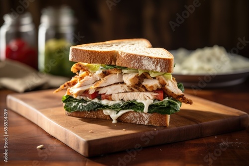 chicken caesar sandwich on rye bread, on a wooden table