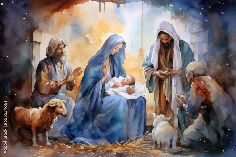watercolor illustration Christian nativity scene. Virgin Mary, Jesus Christ, Joseph, Star of Bethlehem.For Merry Christmas greeting cards watercolor illustration Christian nativity scene. Virgin Mary, Jesus Christ, Joseph, Star of Bethlehem.For Merry Christmas greeting cards
