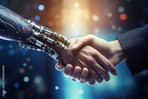 Close up of human hand and robot shaking hands against bokeh background © Rudsaphon
