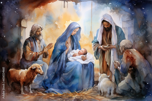 watercolor illustration Christian nativity scene. Virgin Mary, Jesus Christ, Joseph, Star of Bethlehem.For Merry Christmas greeting cards photo