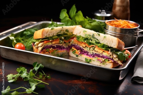 colorful vegetable sandwich with cilantro on a sleek metal tray
