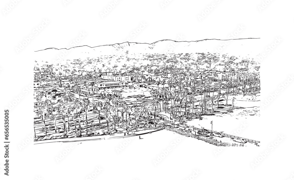 Building view with landmark of Santa Barbara is the city in California. Hand drawn sketch illustration in vector.