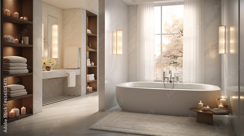 Transport yourself to a serene spa-like bathroom retreat. Imagine a freestanding soaking tub placed against a backdrop of floor-to-ceiling marble tiles, with soft, indirect lighting that creates a sen - obrazy, fototapety, plakaty 