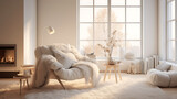 Immerse yourself in the charm of a Scandinavian-inspired living room. Visualize a cozy corner with a Scandinavian-style lounge chair, a fluffy sheepskin rug, and a shelf filled with minimalist decor, 
