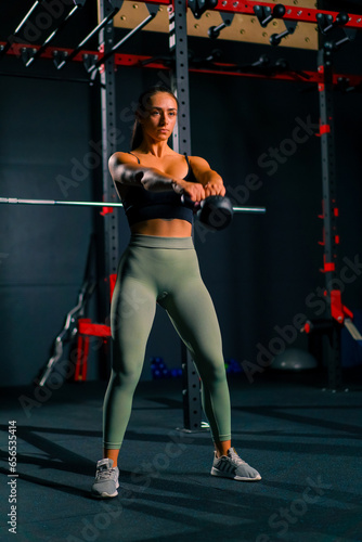 beautiful young fitness woman trainer doing exercises with dumbbells in hands pumping up muscles in gym training for bodybuilding competition