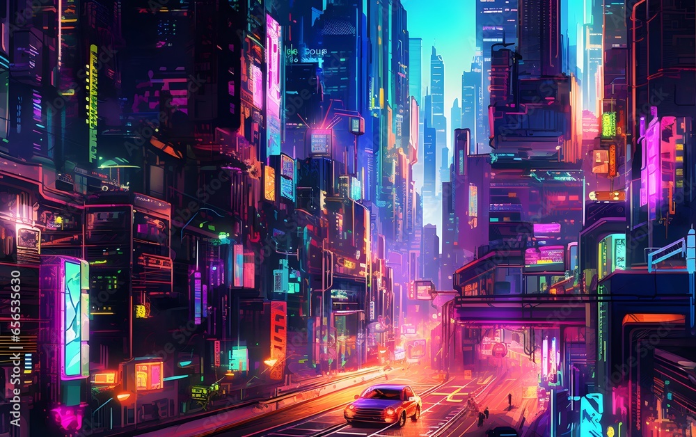 Panorama of the city at night with neon lights. 3d rendering