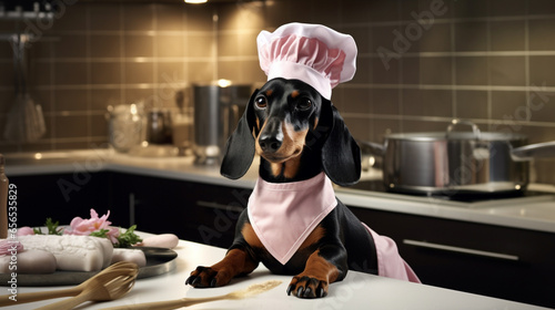 Black and tan dachshund cooker wearing white chef hat and robe and a pink bow tie in the kitchen. ai