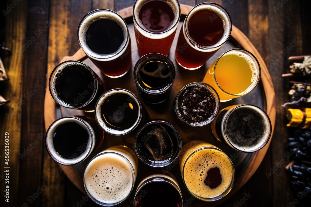 overhead shot of a sampler of various beer styles overhead shot of a sampler of various beer styles