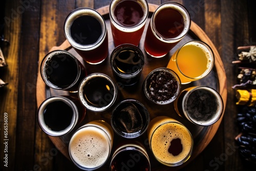 overhead shot of a sampler of various beer styles