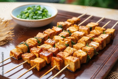 skewers with cubed marinated tofu laid on bamboo mat