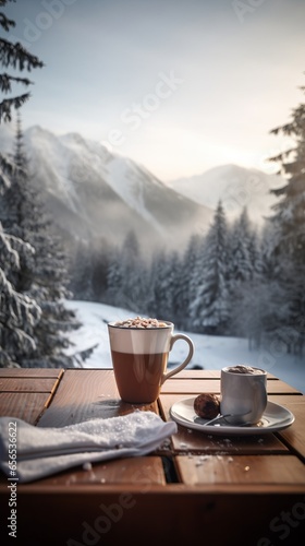 Winter drink – hot chocolate or coffee with the cream, spice, cocoa and cinnamon on winter landscape background with snow, forest and mountains.