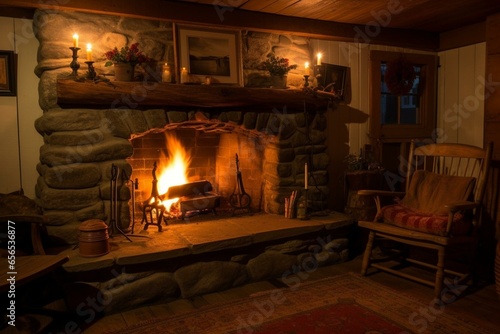 A cozy winter haven: a welcoming and warm fireplace with flickering flames and comfortable blankets. Generative AI