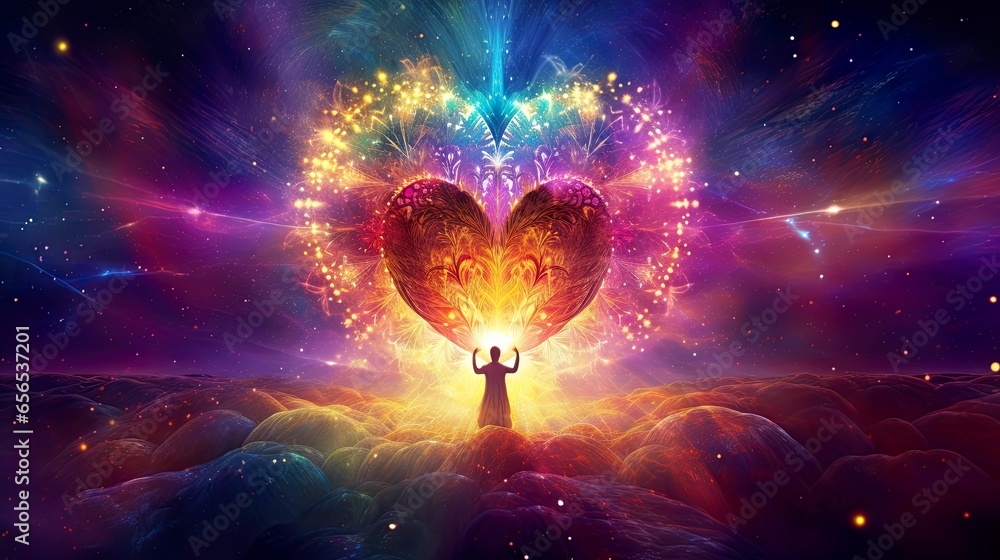 Healer channeling in a comic glowing heart. Loves surrounding, cosmic beautiful universal love, heart filled with life, and lights. Meditation. Chakra. Concept of esoteric and spirituality - obrazy, fototapety, plakaty 