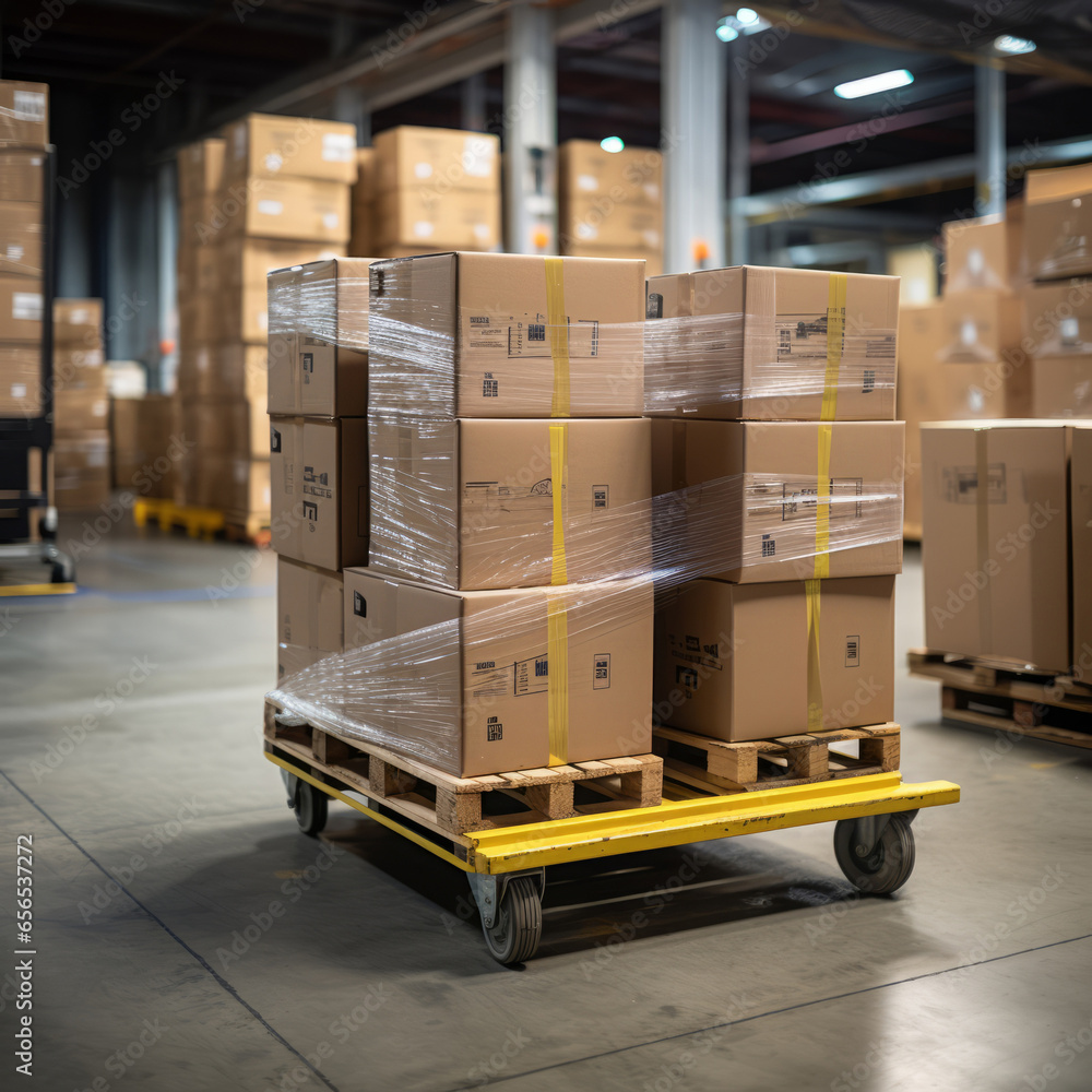 Boxes on trolley in shipping warehouse. Logistics and transportation product distribution Boxes on trolley in shipping warehouse. Logistics and transportation product distribution