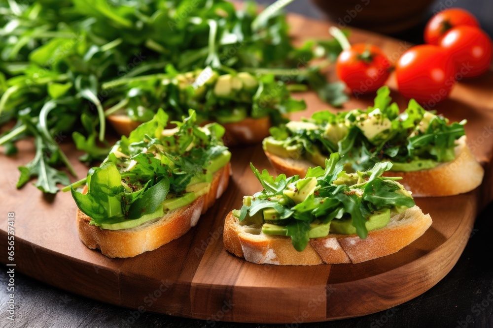 piling fresh rocket leaves onto an avocado bruschetta