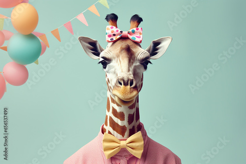 Giraffe in party cone hat necklace bowtie outfit isolated on solid pastel background advertisement, birthday party invitation photo