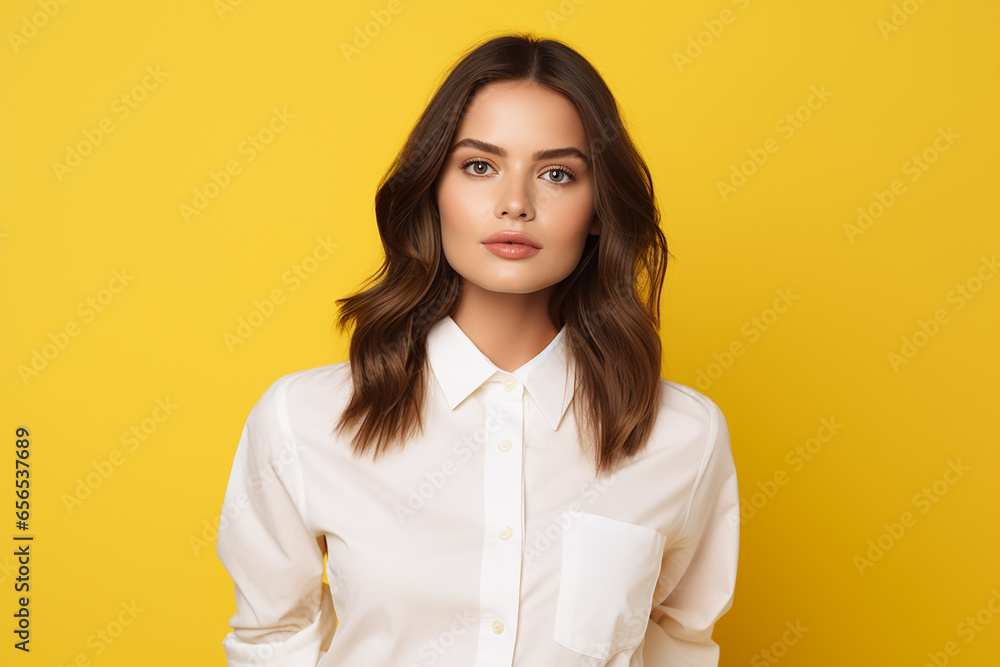 A young woman wearing a belle canvas white shirt isolated on a yellow background A young woman wearing a belle canvas white shirt isolated on a yellow background