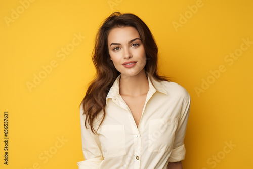 A young woman wearing a belle canvas white shirt isolated on a yellow background