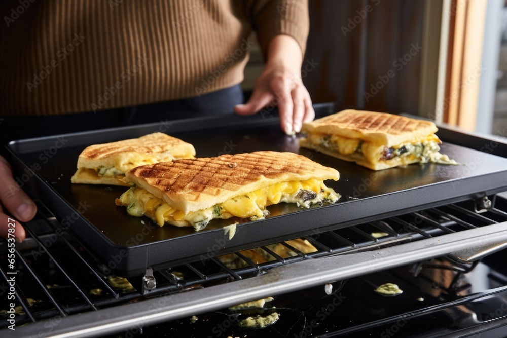 hands-free cheese sandwich melting on a griddle