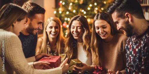 Cheerful group of friends exchanging gifts around a decorated living room, portraying the spirit of giving, concept of Joyful camaraderie