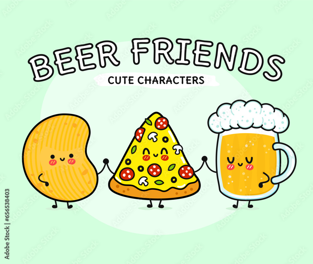 Cute, funny happy glass of beer, pizza and chips. Vector hand drawn cartoon kawaii characters, illustration icon. Funny happy cartoon glass of beer pizza chips mascot friends Cute, funny happy glass of beer, pizza and chips. Vector hand drawn cartoon kawaii characters, illustration icon. Funny happy cartoon glass of beer pizza chips mascot friends