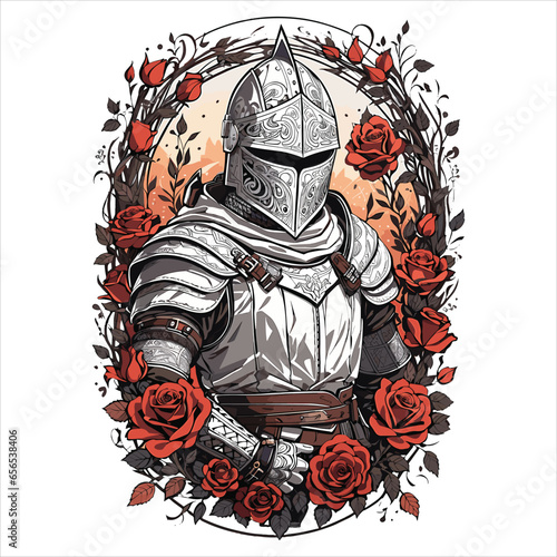 Medieval Knight armor vintage with rose hand drawn in engraving style Middle Ages Vector illustration