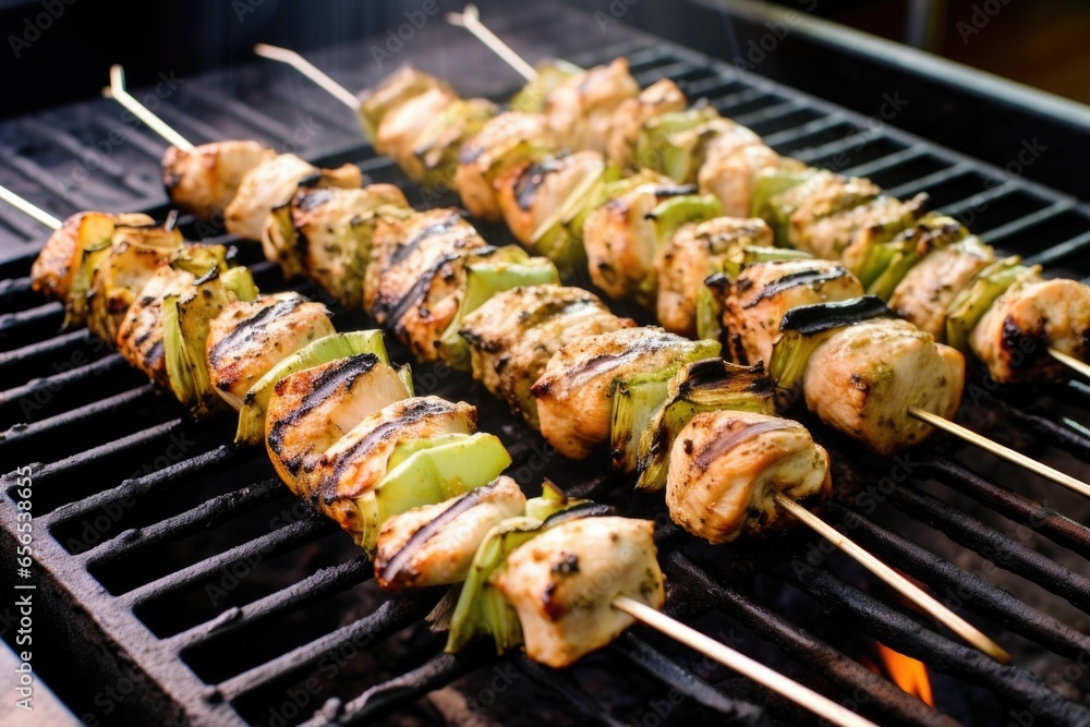 marinade-soaked fish skewers staged for the grill