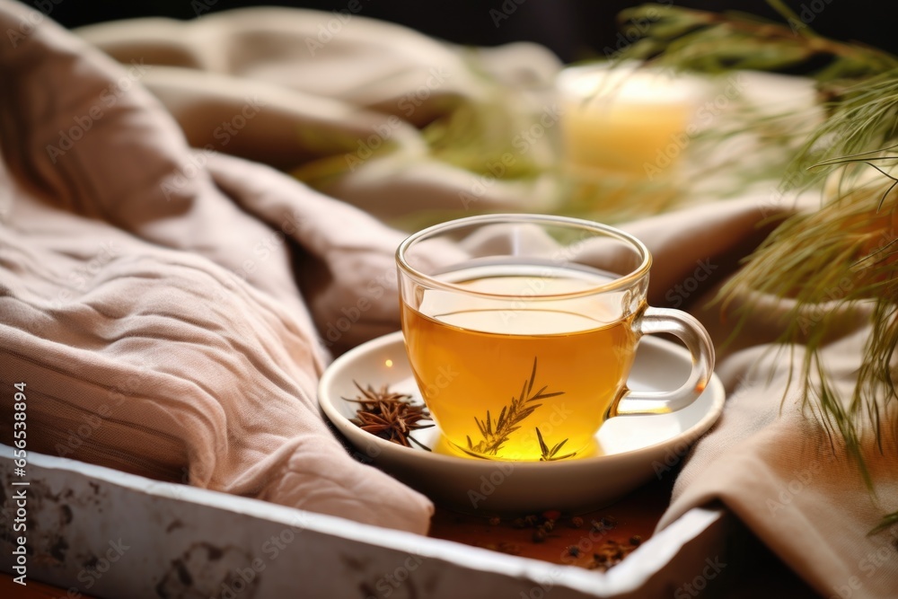 closeup of herbal tea cup next to a bed
