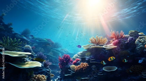 Coral reef and fish. Underwater panorama. Seascape.