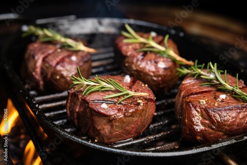 grilled venison steaks with rosemary and garlic cloves photo