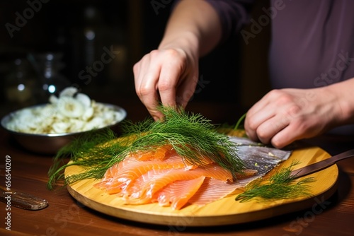 hand placing dill on artisanal smoked fish dish