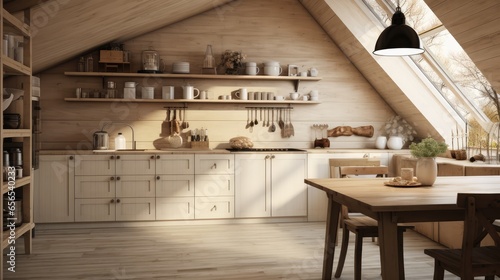 Interior of kitchen in rustic style. White furniture and wooden decor in bright cottage indoor.