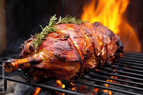 close-up of a spiced leg of lamb on a rotisserie photo