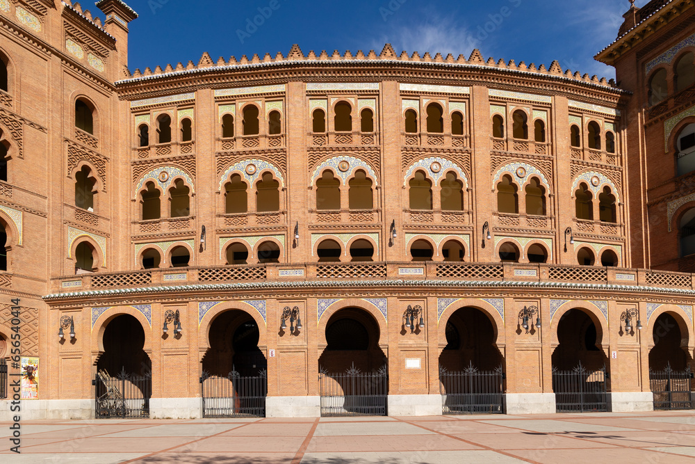 Madrid, Spain - August 18, 2023: Las Ventas Bullring, a Moorish style building situated in the Guindalera quarter in Madrid, Spain.