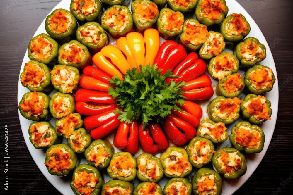 array of smoked stuffed peppers arranged in a circle