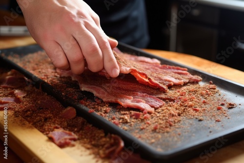 hand seasoning a slab of bacon for smoking