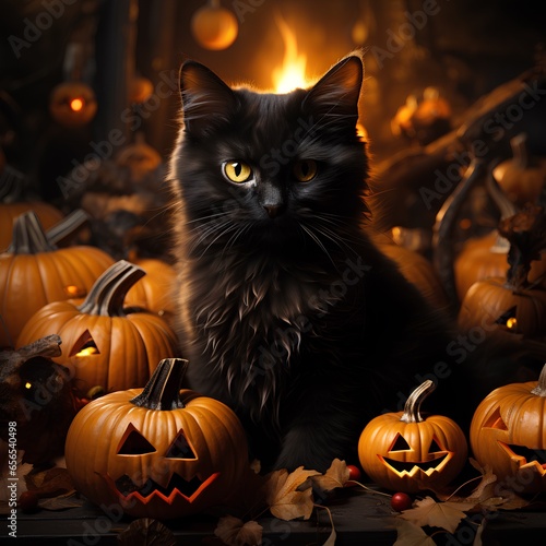 Black cat on halloween night surrounded by pumpkins © Sikun