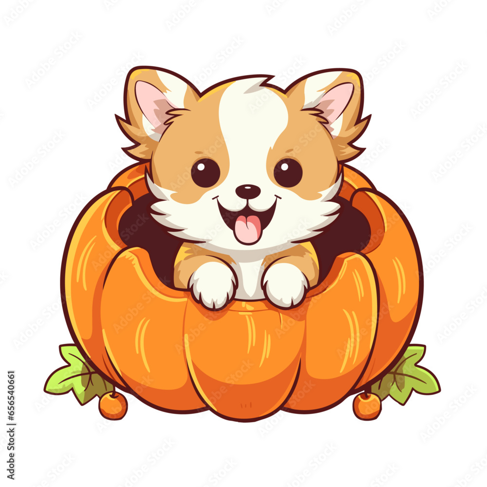 Cute dog sit inside a pumpkin fall autumn vector clipart. Good for fashion fabrics, children’s clothing, T-shirts, postcards, email header, wallpaper, banner, events, covers, advertising, and more. Cute dog sit inside a pumpkin fall autumn vector clipart. Good for fashion fabrics, children’s clothing, T-shirts, postcards, email header, wallpaper, banner, events, covers, advertising, and more.