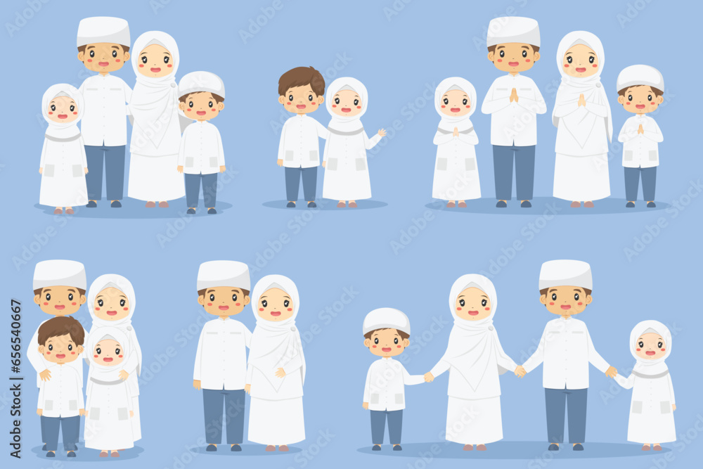 Happy Muslim parents and children in white clothes with different gestures vector set. Muslim family characters vector set. Happy Muslim parents and children in white clothes with different gestures vector set. Muslim family characters vector set.