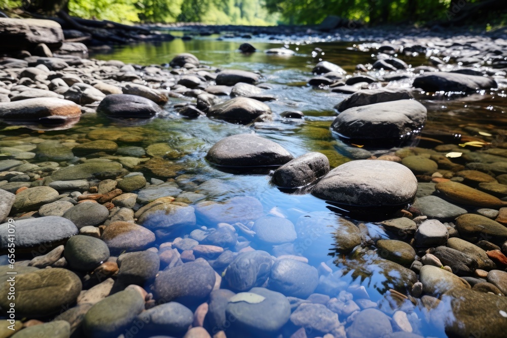 shallow river with smooth, round stones