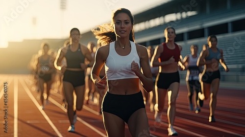 Athletes starting off for a race on a running track. Female runner starting a sprint at stadium track.