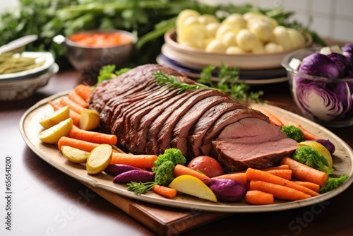 beef brisket slices surrounded by fresh vegetables on a platter