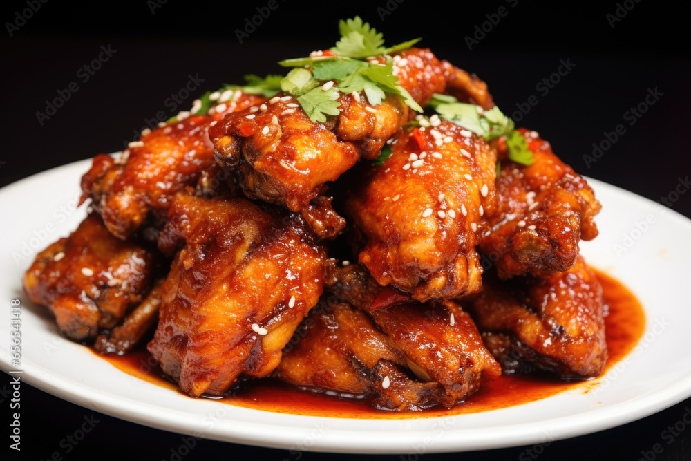 close-up of chicken wings dipped in spicy chili sauce