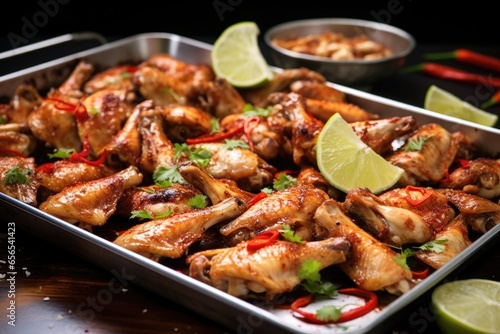 a tray of roasted chicken wings garnished with chili slices