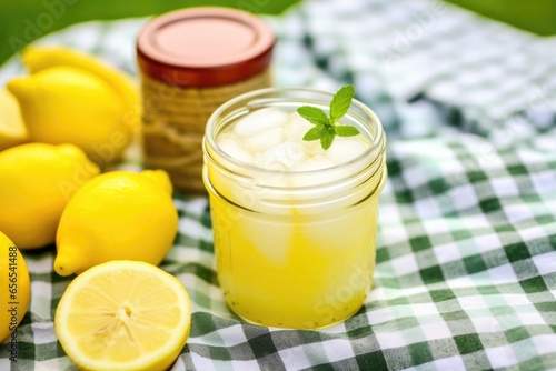 frosty lemonade jar with ice cubes and mint on a picnic blanket