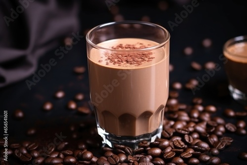 chocolate milk in a glass with dew drops on the surface
