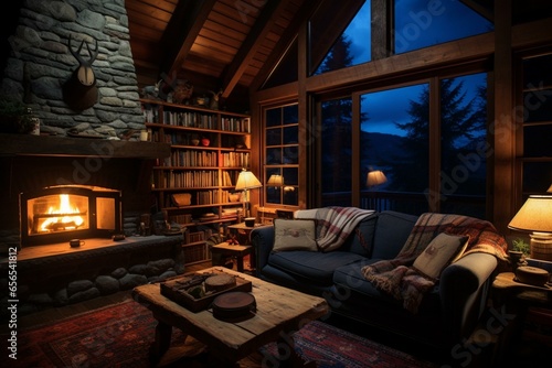 A warm, inviting cabin with a cozy living room illuminated softly at night. Generative AI