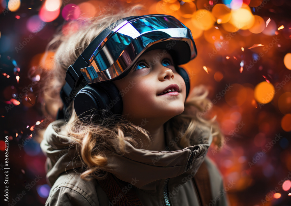 Generative AI, child, boy or girl in virtual reality glasses on an abstract multi-colored fantastic background, technology, augmented reality, metaverse, neural network, VR, computer game, kid gamer