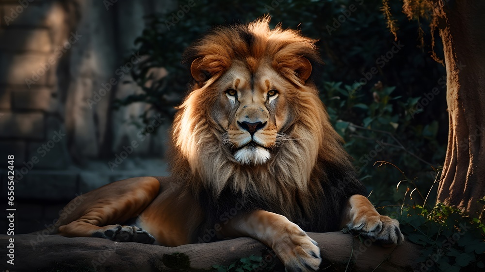 Fototapeta premium un lion couché dans la jungle, généré par IA