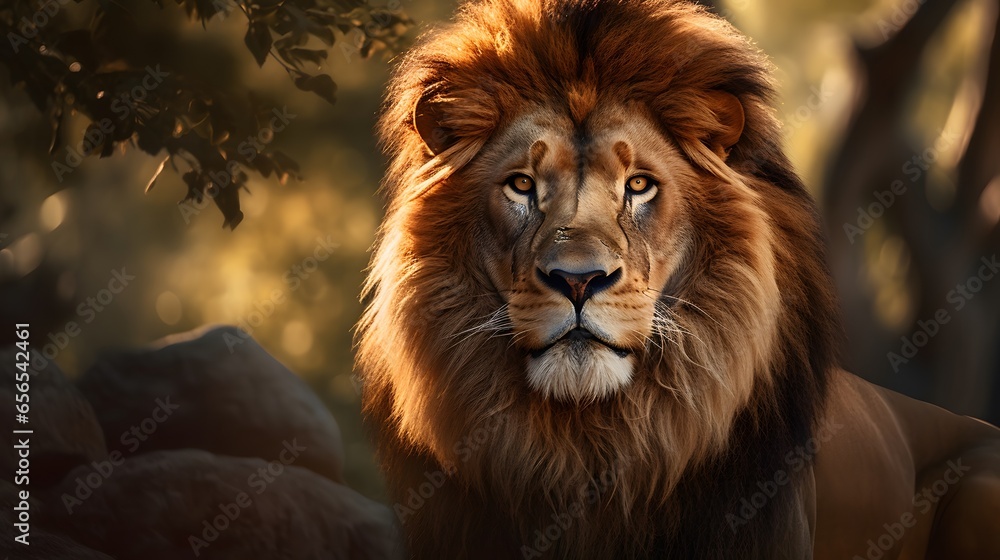 Portrait d'un lion dans la savane, généré par IA